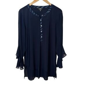 Slim Factor Womens Blouse Size M Flutter Sheer Sleeve and Hem Popover Tunic Top